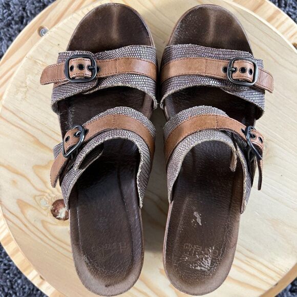 Dansko Jessie Sand Lizard Leather Wedge Sandals Womens 10 Brown Slip On Heels - Picture 7 of 9